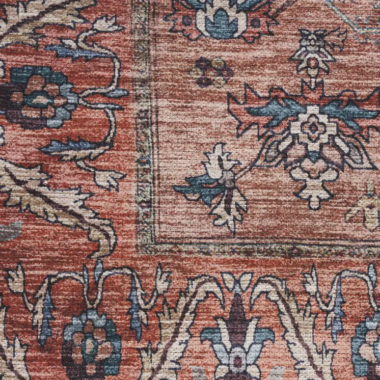4' X 6' Blue and Red Oriental Power Loom Distressed Washable Non Skid Area Rug