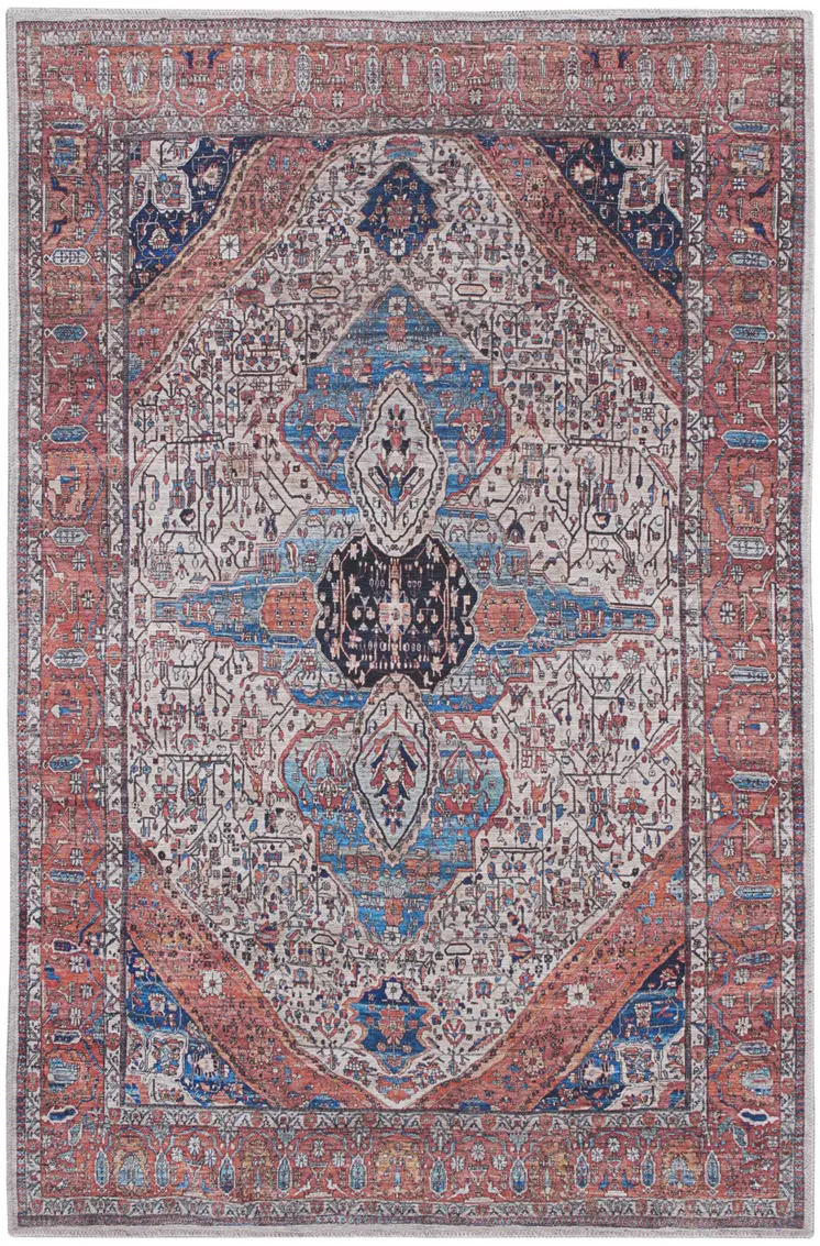4' X 6' Red and Ivory Oriental Power Loom Distressed Washable Non Skid Area Rug