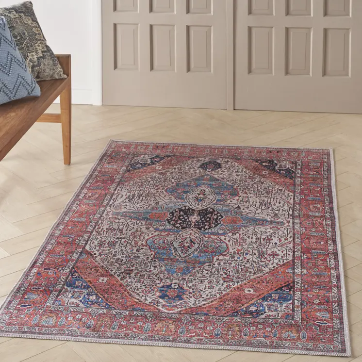 4' X 6' Red and Ivory Oriental Power Loom Distressed Washable Non Skid Area Rug