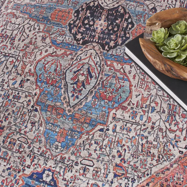 4' X 6' Red and Ivory Oriental Power Loom Distressed Washable Non Skid Area Rug