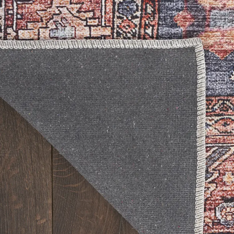 4' X 6' Blue and Red Oriental Power Loom Distressed Washable Non Skid Area Rug