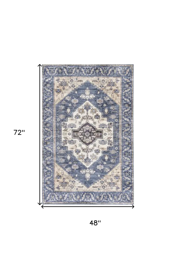 4' X 6' Blue and Beige Oriental Power Loom Distressed Washable Non Skid Area Rug