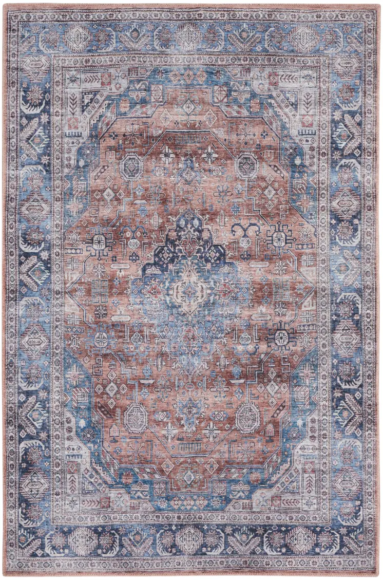 4' X 6' Blue and Red Oriental Power Loom Distressed Washable Non Skid Area Rug