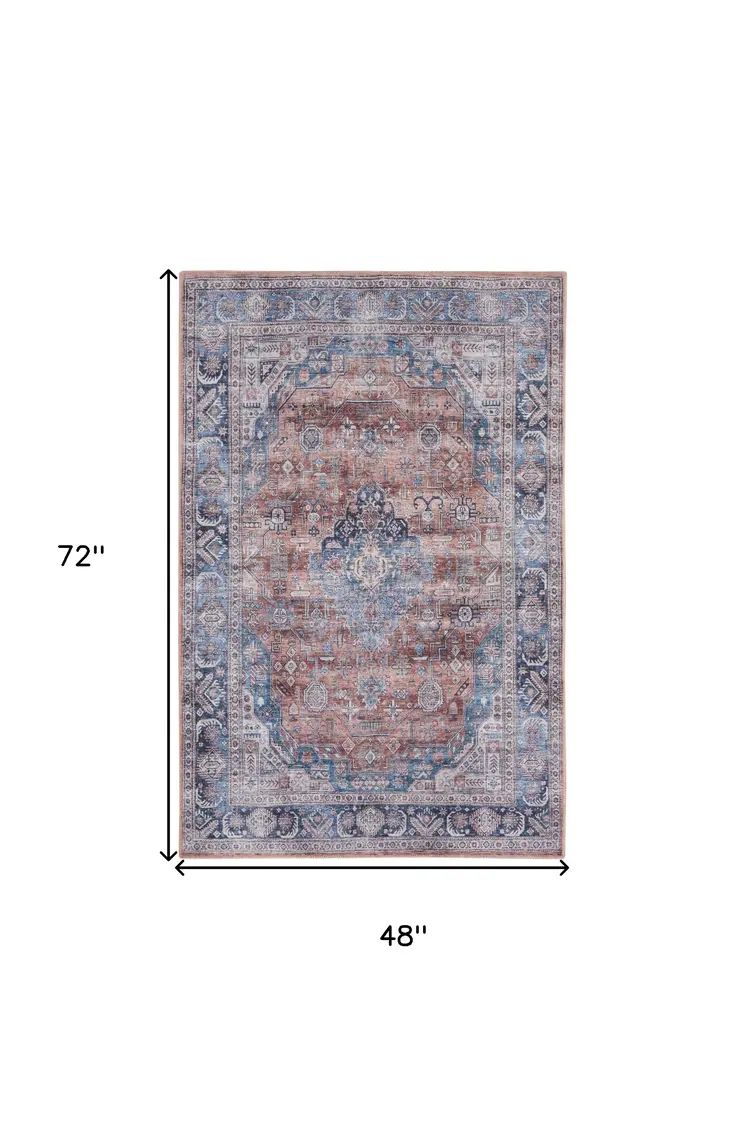 4' X 6' Blue and Red Oriental Power Loom Distressed Washable Non Skid Area Rug