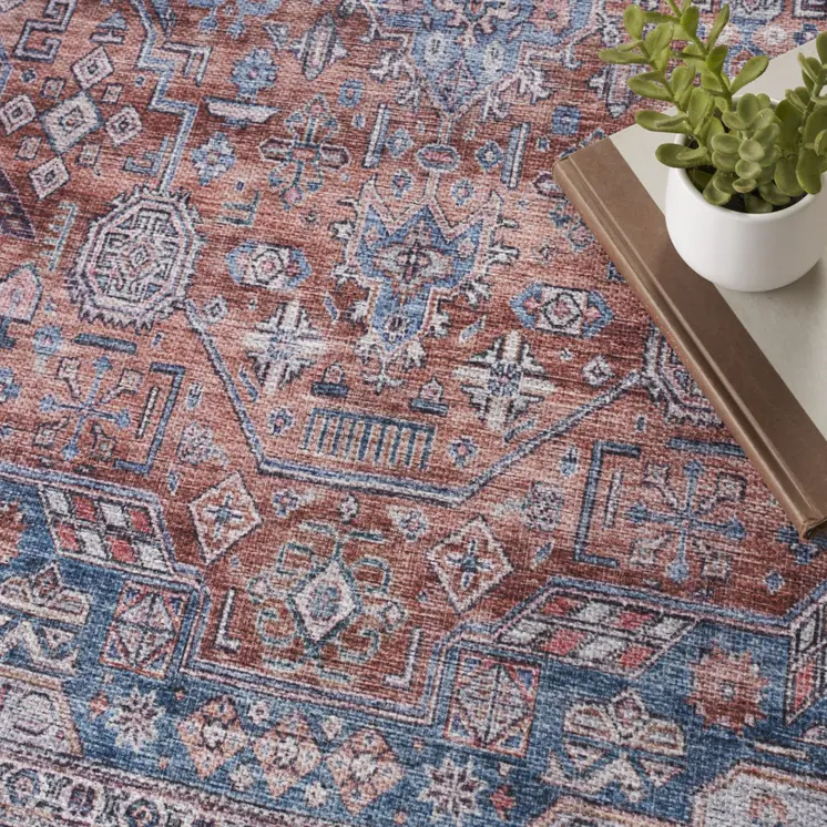 4' X 6' Blue and Red Oriental Power Loom Distressed Washable Non Skid Area Rug