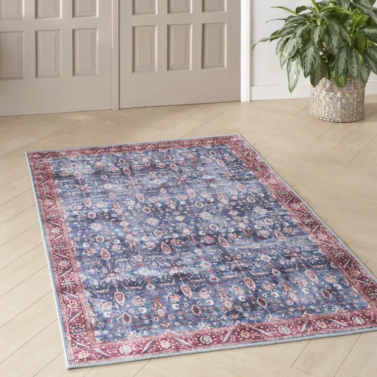 4' X 6' Blue and Red Oriental Power Loom Distressed Washable Non Skid Area Rug