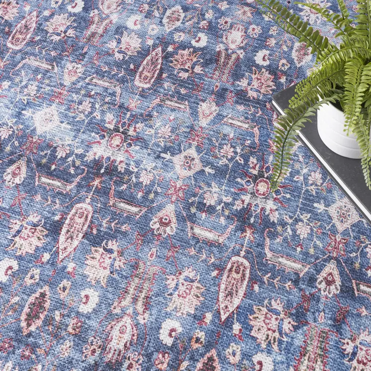 4' X 6' Blue and Red Oriental Power Loom Distressed Washable Non Skid Area Rug