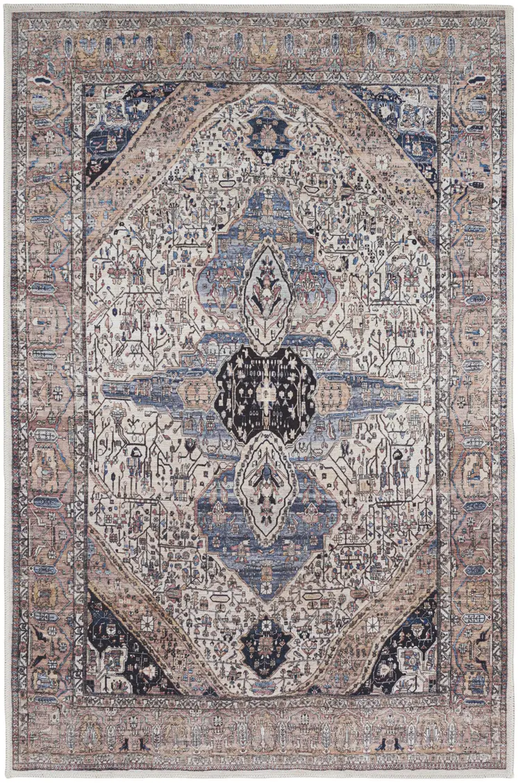 4' X 6' Ivory and Blue Oriental Power Loom Distressed Washable Non Skid Area Rug