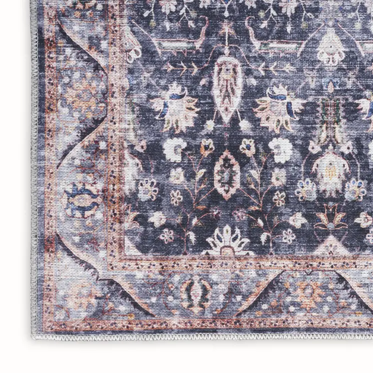 4' X 6' Blue and Ivory Oriental Power Loom Distressed Washable Non Skid Area Rug