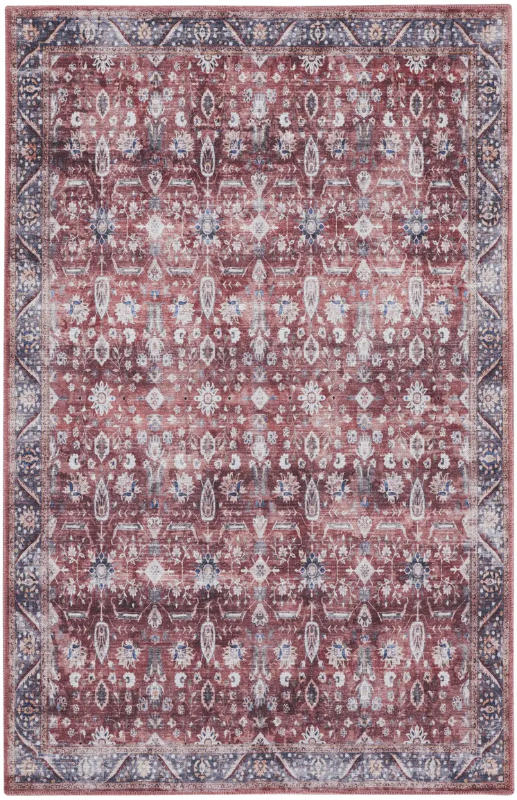 4' X 6' Red and Ivory Oriental Power Loom Distressed Washable Non Skid Area Rug