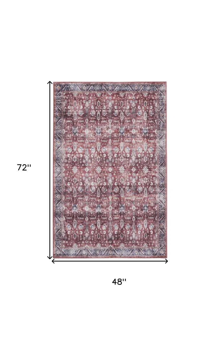 4' X 6' Red and Ivory Oriental Power Loom Distressed Washable Non Skid Area Rug
