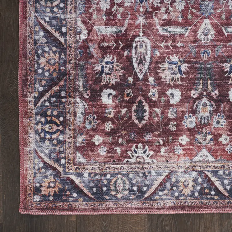 4' X 6' Red and Ivory Oriental Power Loom Distressed Washable Non Skid Area Rug