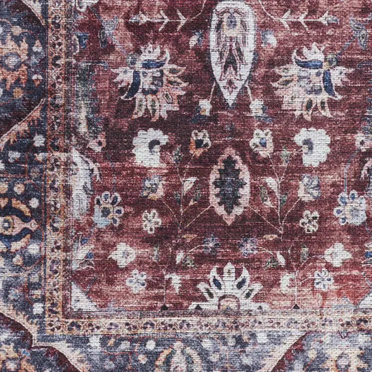 4' X 6' Red and Ivory Oriental Power Loom Distressed Washable Non Skid Area Rug