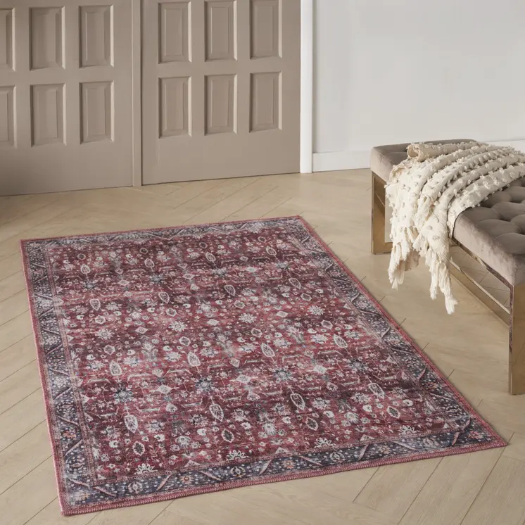 4' X 6' Red and Ivory Oriental Power Loom Distressed Washable Non Skid Area Rug