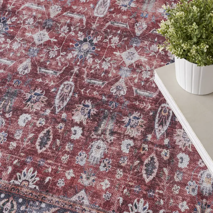 4' X 6' Red and Ivory Oriental Power Loom Distressed Washable Non Skid Area Rug