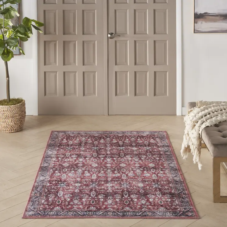 4' X 6' Red and Ivory Oriental Power Loom Distressed Washable Non Skid Area Rug