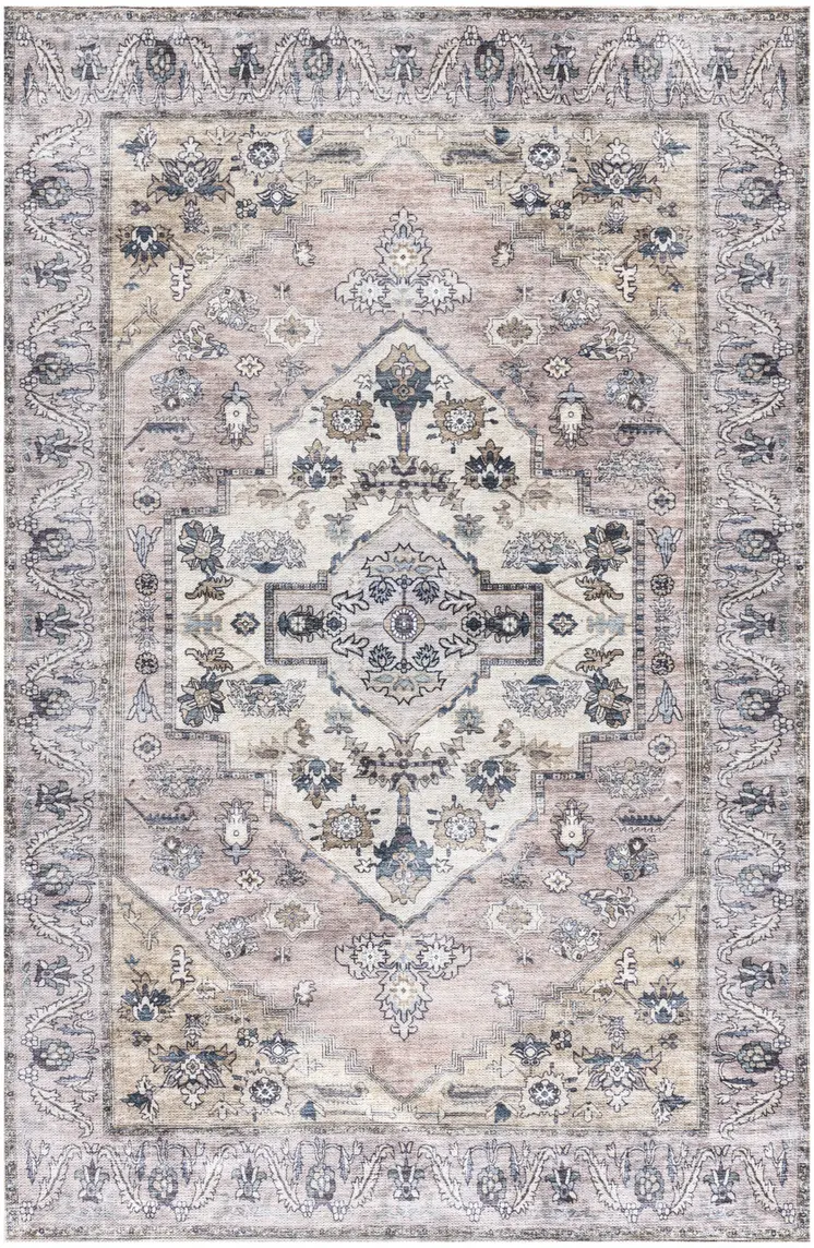 4' X 6' Pink and Blue Oriental Power Loom Distressed Washable Non Skid Area Rug