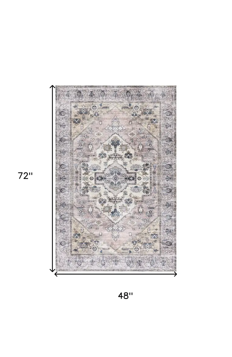4' X 6' Pink and Blue Oriental Power Loom Distressed Washable Non Skid Area Rug