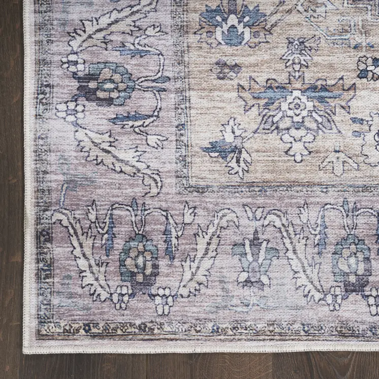 4' X 6' Pink and Blue Oriental Power Loom Distressed Washable Non Skid Area Rug