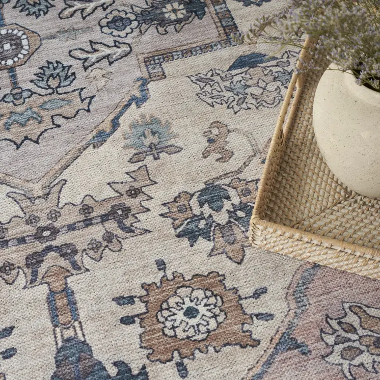4' X 6' Pink and Blue Oriental Power Loom Distressed Washable Non Skid Area Rug