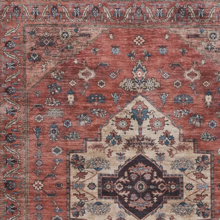 5' X 7' Blue and Red Oriental Power Loom Distressed Washable Non Skid Area Rug