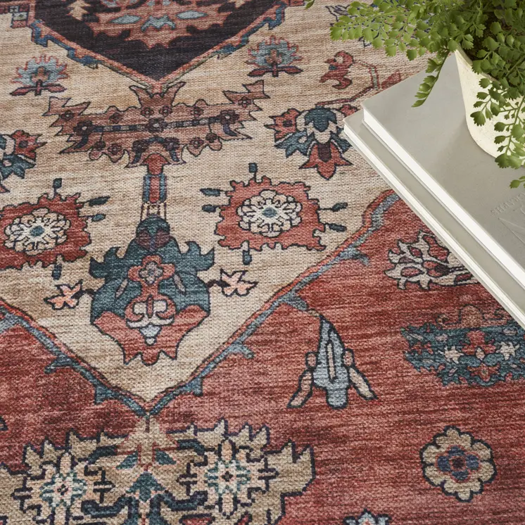 5' X 7' Blue and Red Oriental Power Loom Distressed Washable Non Skid Area Rug