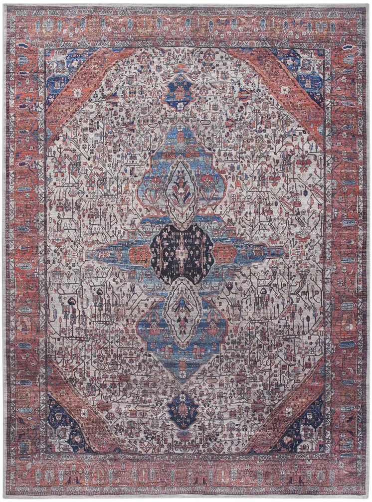5' X 7' Red and Ivory Oriental Power Loom Distressed Washable Non Skid Area Rug