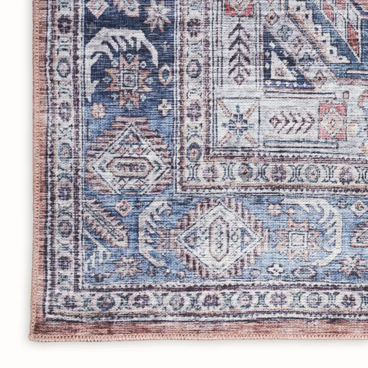 5' X 7' Blue and Red Oriental Power Loom Distressed Washable Non Skid Area Rug