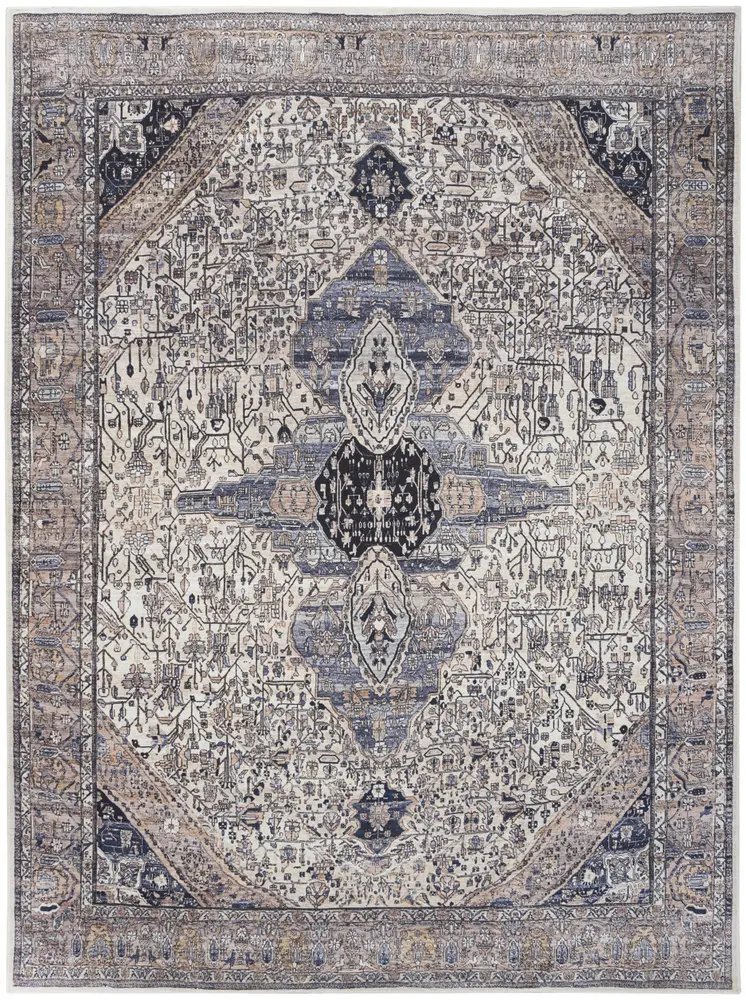 5' X 7' Ivory and Blue Oriental Power Loom Distressed Washable Non Skid Area Rug