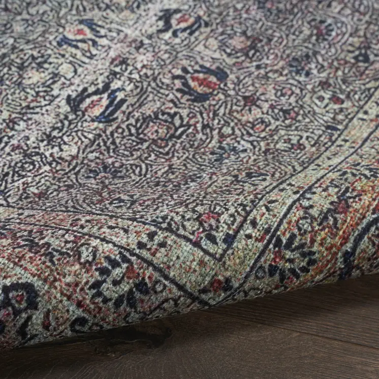 5' X 7' Blue and Brown Oriental Power Loom Distressed Washable Non Skid Area Rug