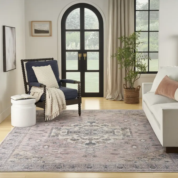 5' X 7' Pink and Blue Oriental Power Loom Distressed Washable Non Skid Area Rug
