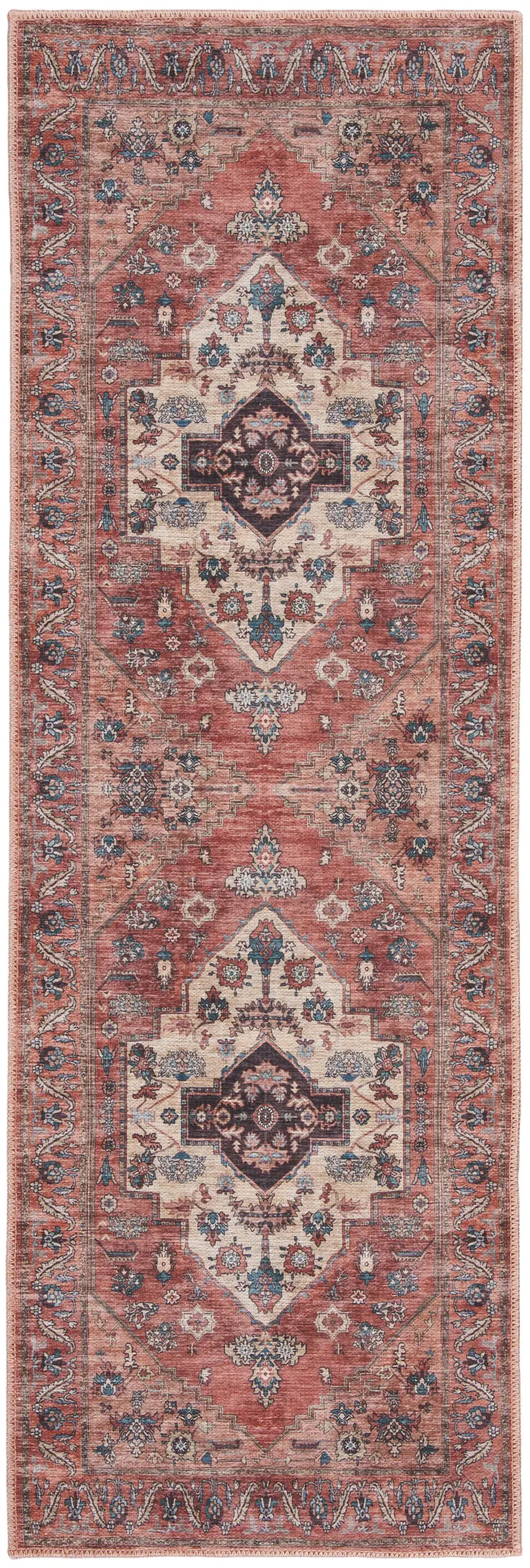 6' Red And Ivory Oriental Distressed Washable Runner Rug
