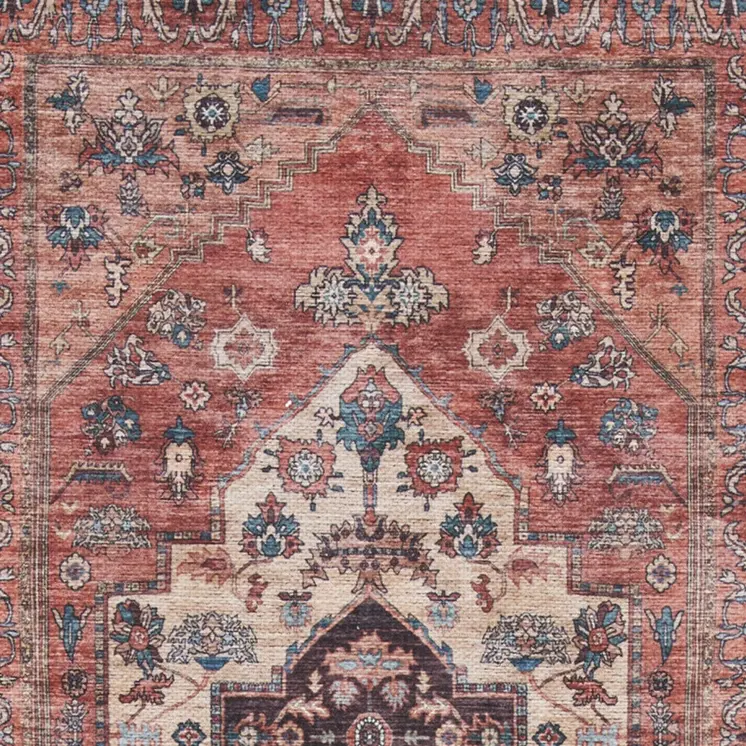 6' Red And Ivory Oriental Distressed Washable Runner Rug