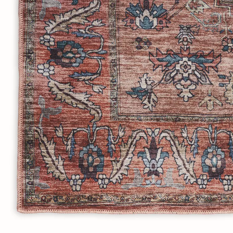 6' Red And Ivory Oriental Distressed Washable Runner Rug