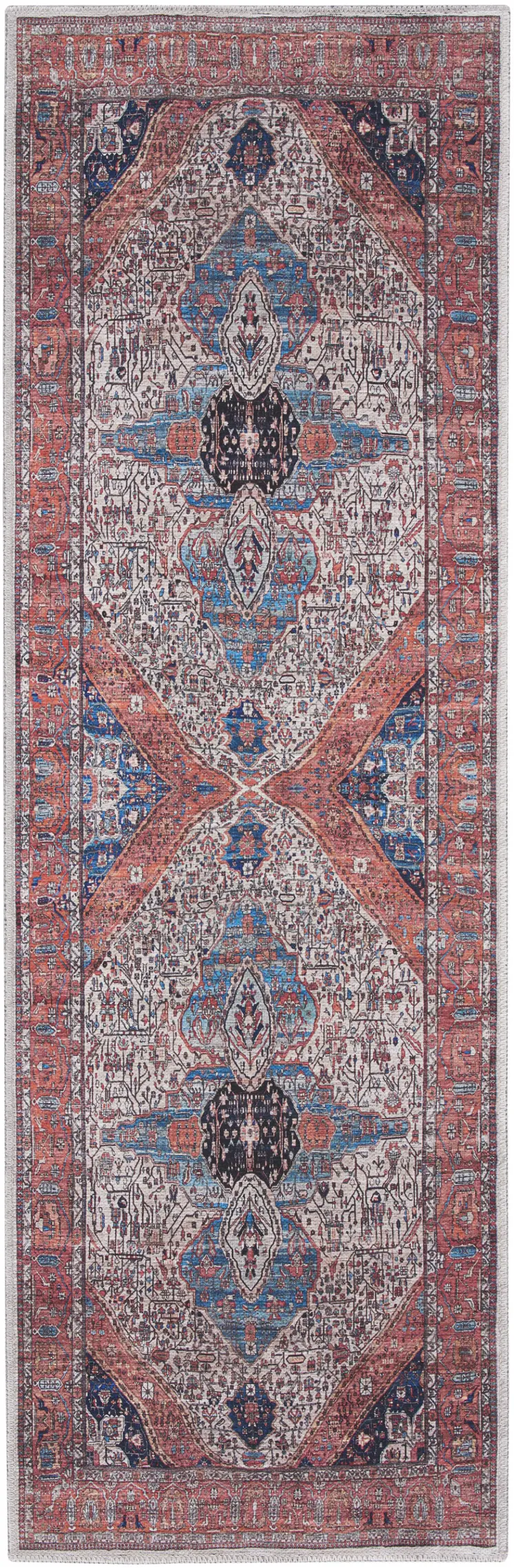 6' Red and Ivory Oriental Power Loom Distressed Washable Non Skid Runner Rug