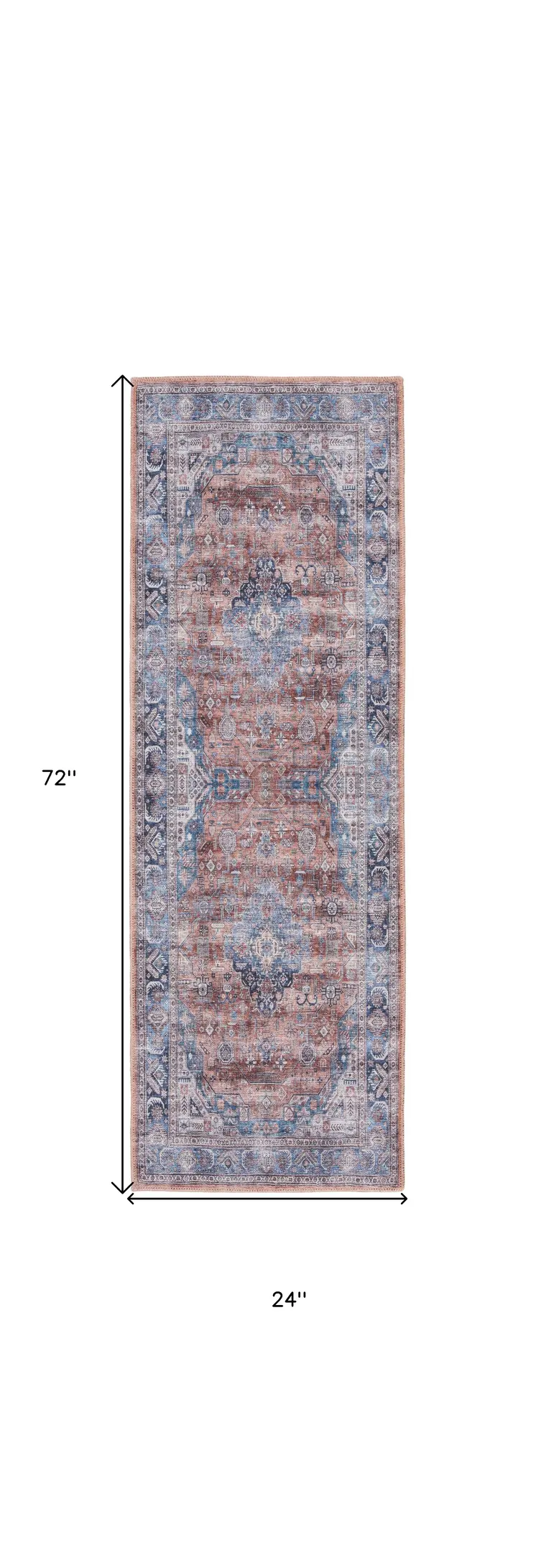 6' Blue and Red Oriental Power Loom Distressed Washable Non Skid Runner Rug