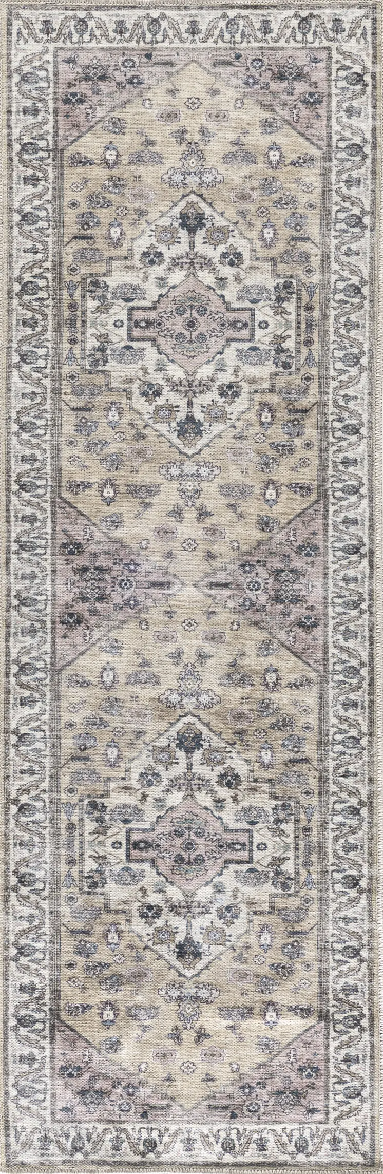 6' Beige And Ivory Oriental Distressed Washable Runner Rug
