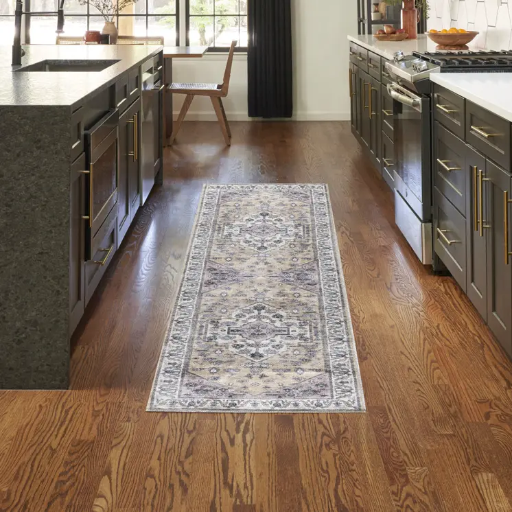6' Beige And Ivory Oriental Distressed Washable Runner Rug