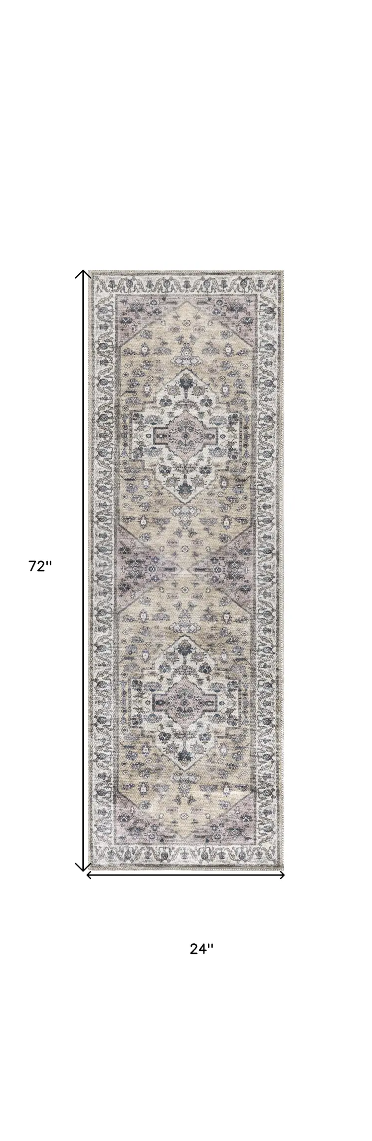 6' Beige And Ivory Oriental Distressed Washable Runner Rug