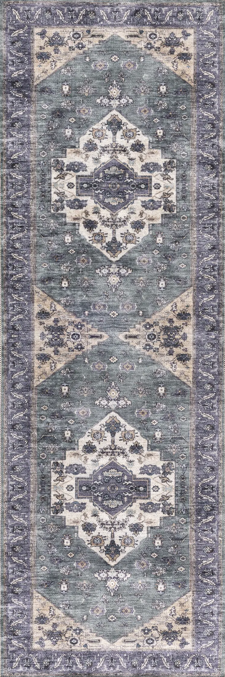 6' Beige Blue And Gray Oriental Distressed Washable Runner Rug