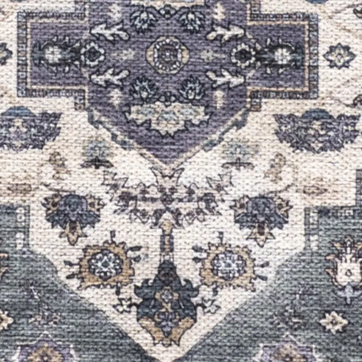 6' Beige Blue And Gray Oriental Distressed Washable Runner Rug