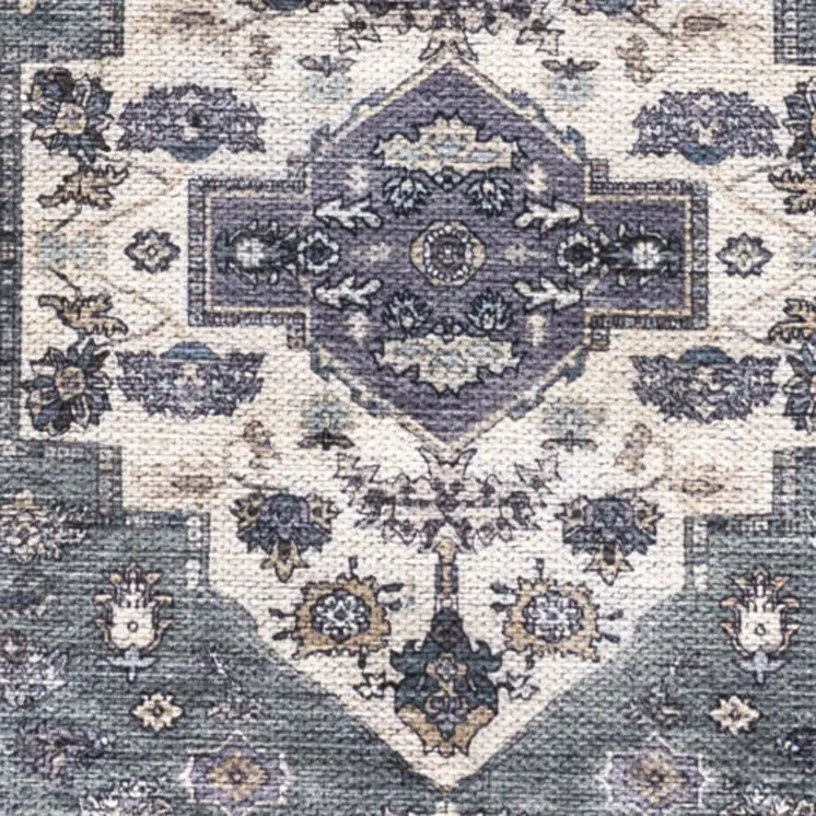 6' Beige Blue And Gray Oriental Distressed Washable Runner Rug