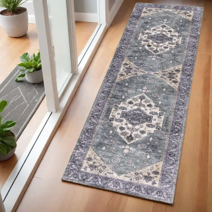 6' Beige Blue And Gray Oriental Distressed Washable Runner Rug