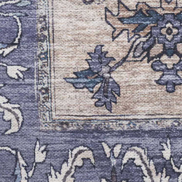 6' Beige Blue And Gray Oriental Distressed Washable Runner Rug