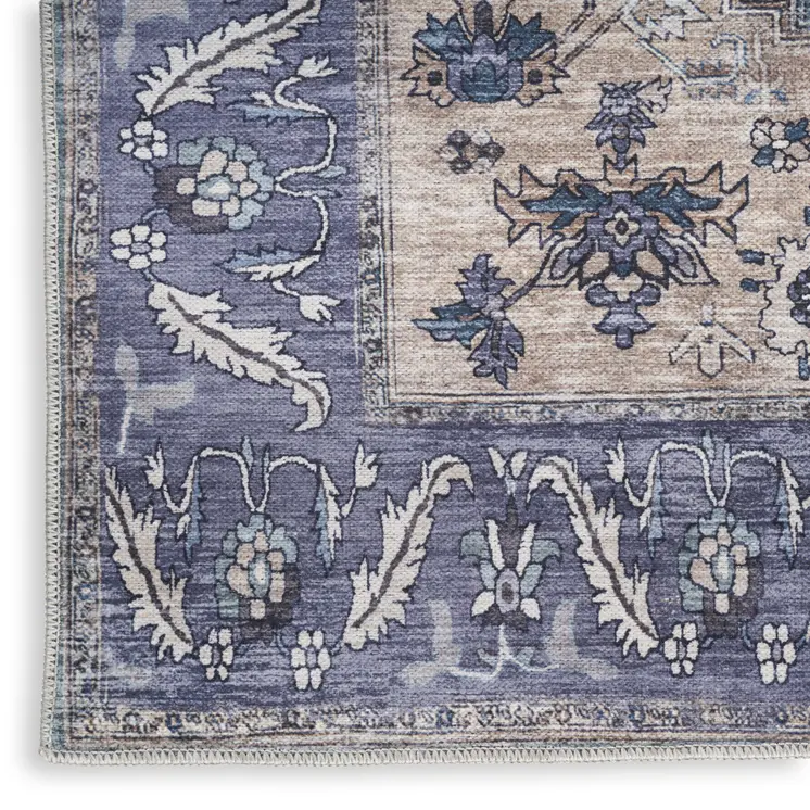 6' Beige Blue And Gray Oriental Distressed Washable Runner Rug