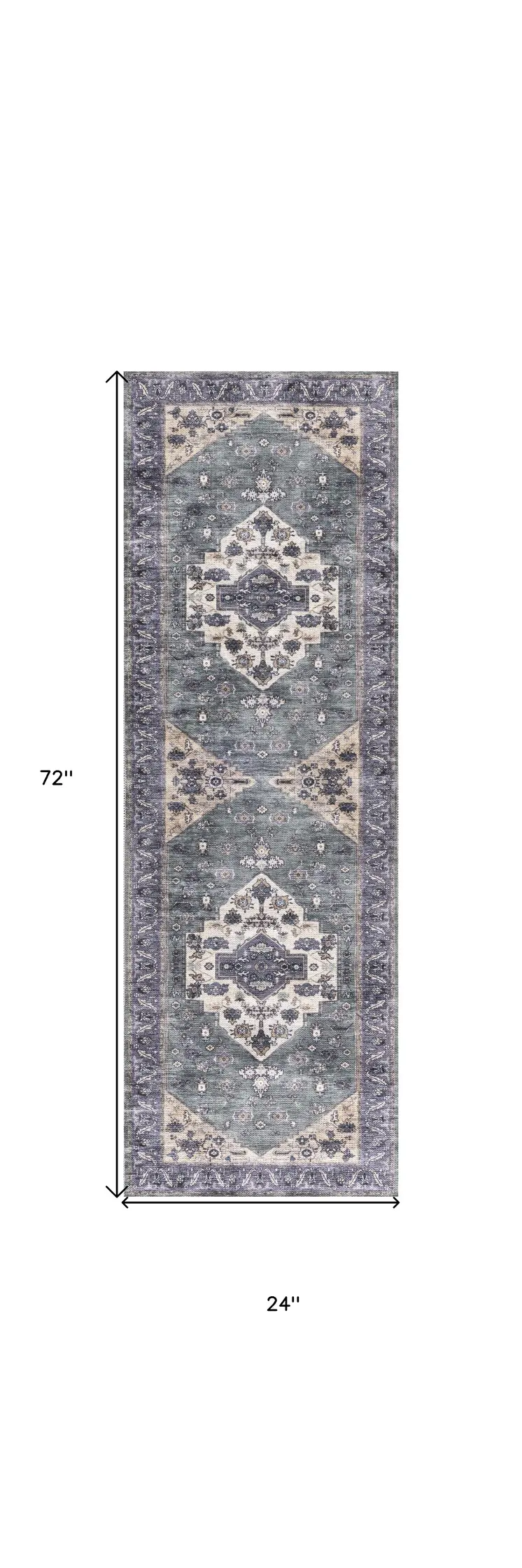 6' Beige Blue And Gray Oriental Distressed Washable Runner Rug