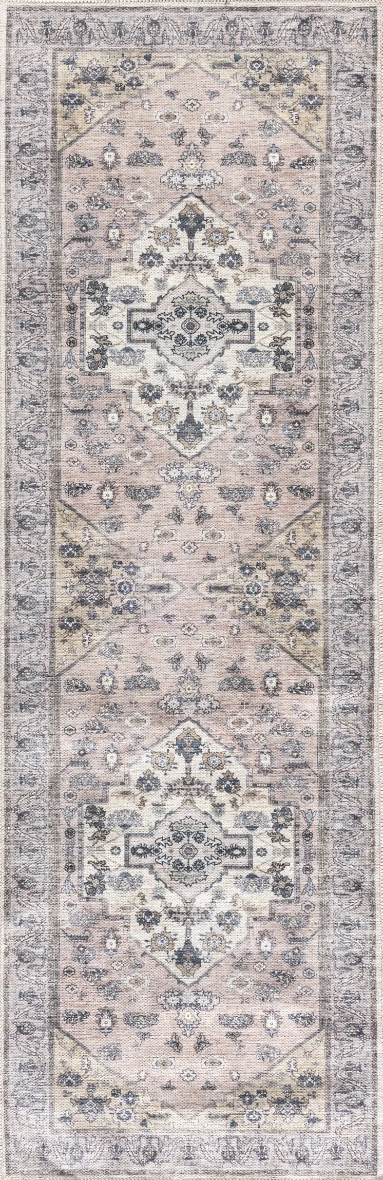 6' Pink And Blue Oriental Distressed Washable Runner Rug