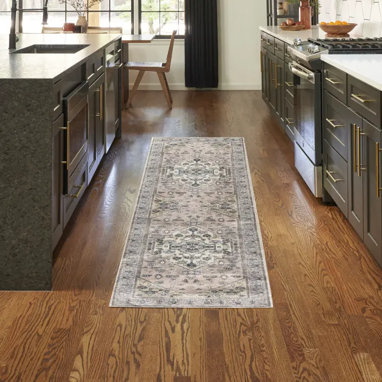 6' Pink And Blue Oriental Distressed Washable Runner Rug