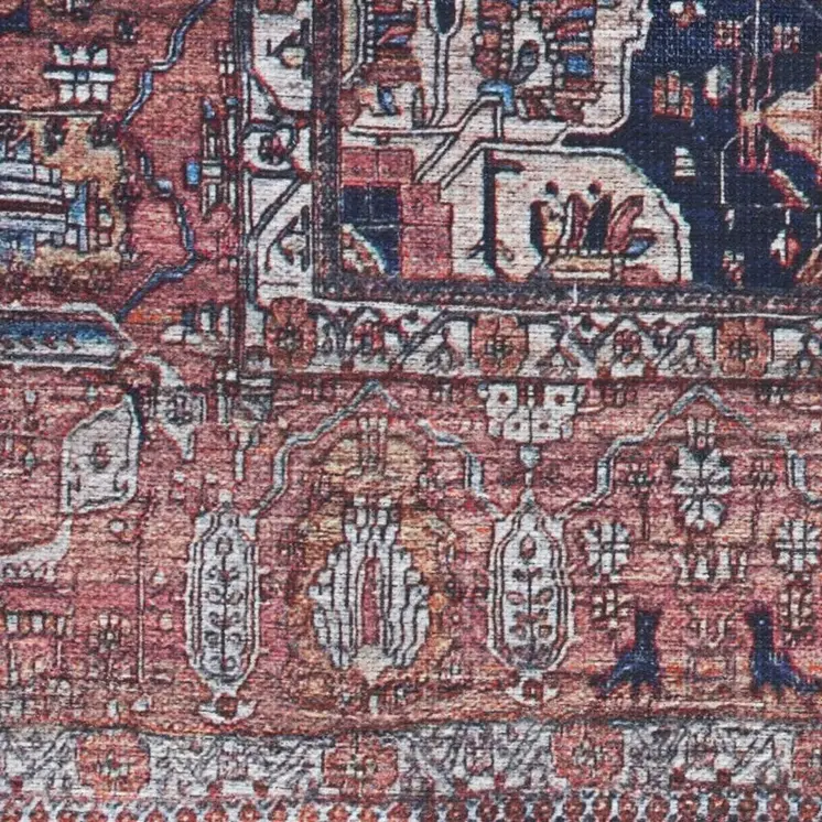 8' X 10' Red and Ivory Oriental Power Loom Distressed Washable Non Skid Area Rug