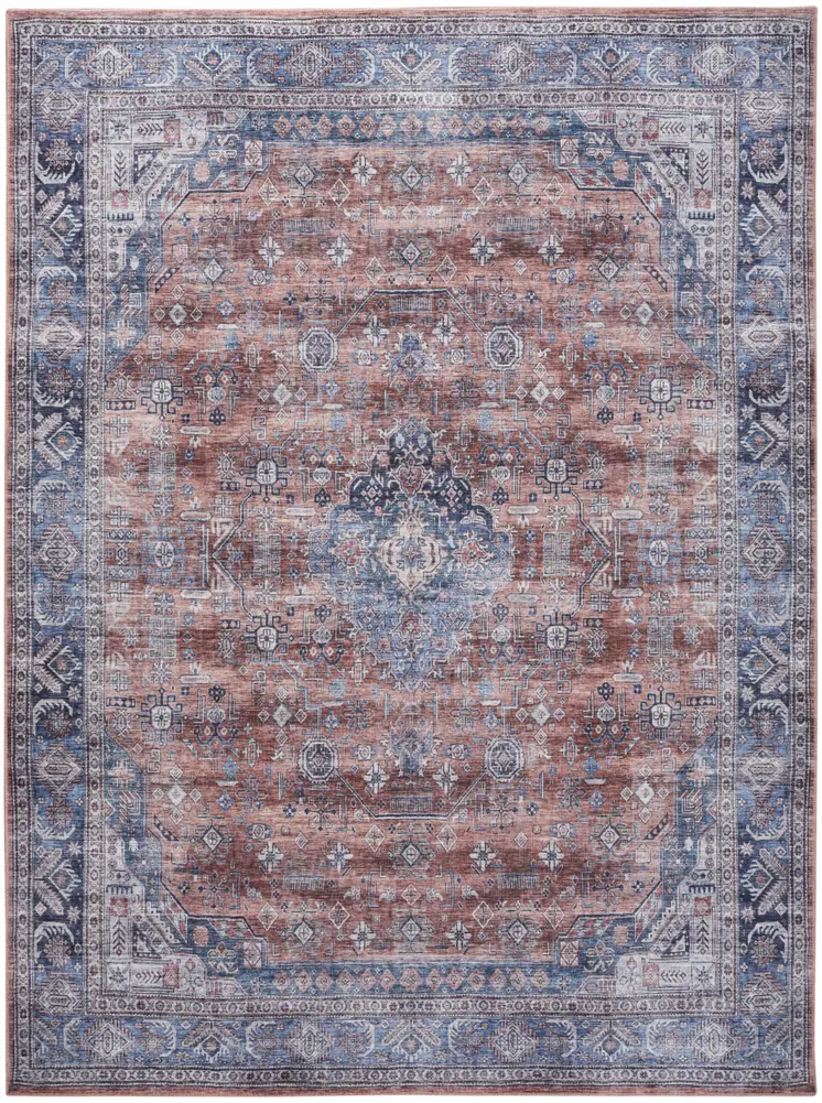 8' X 10' Blue and Red Oriental Power Loom Distressed Washable Non Skid Area Rug